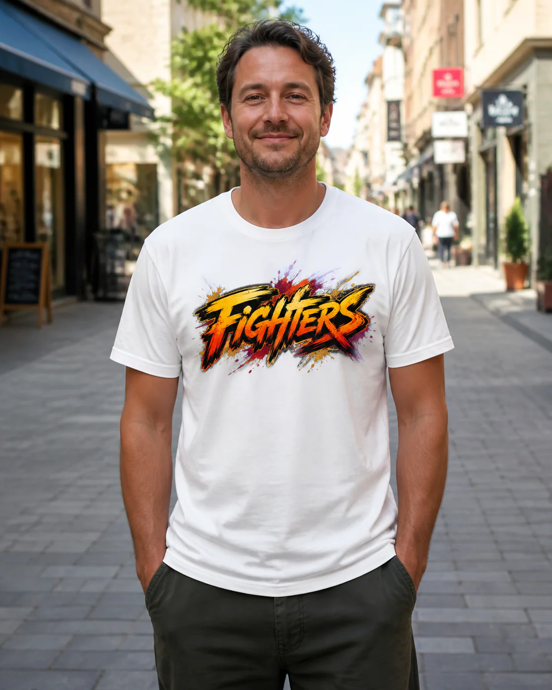 Person wearing Karate Fighters cotton T-shirt