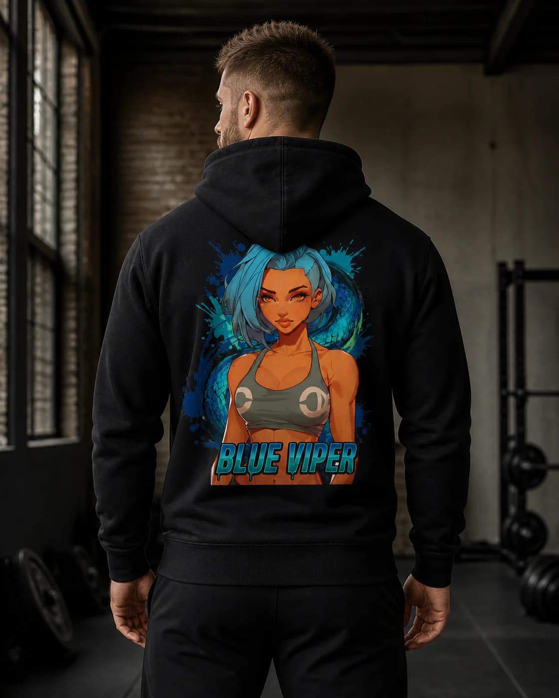 Person wearing the black Blue Viper hoodie
